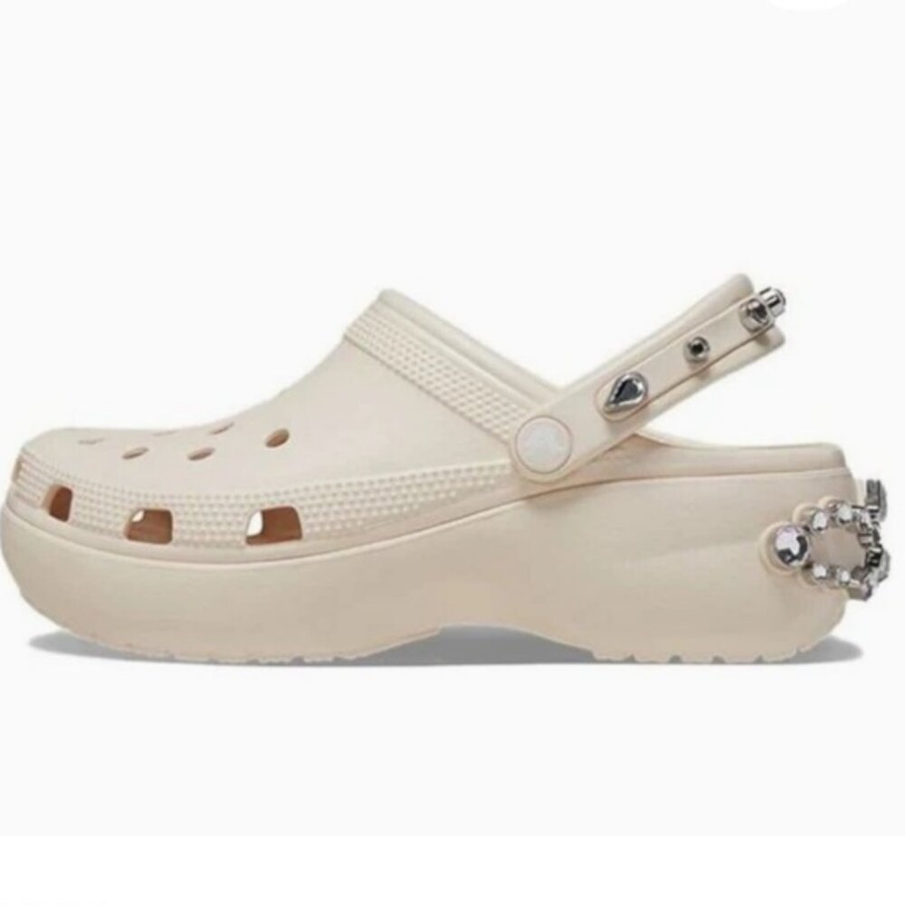 CROCS Classic Platform Clog in Cream with Silver Stud Accents